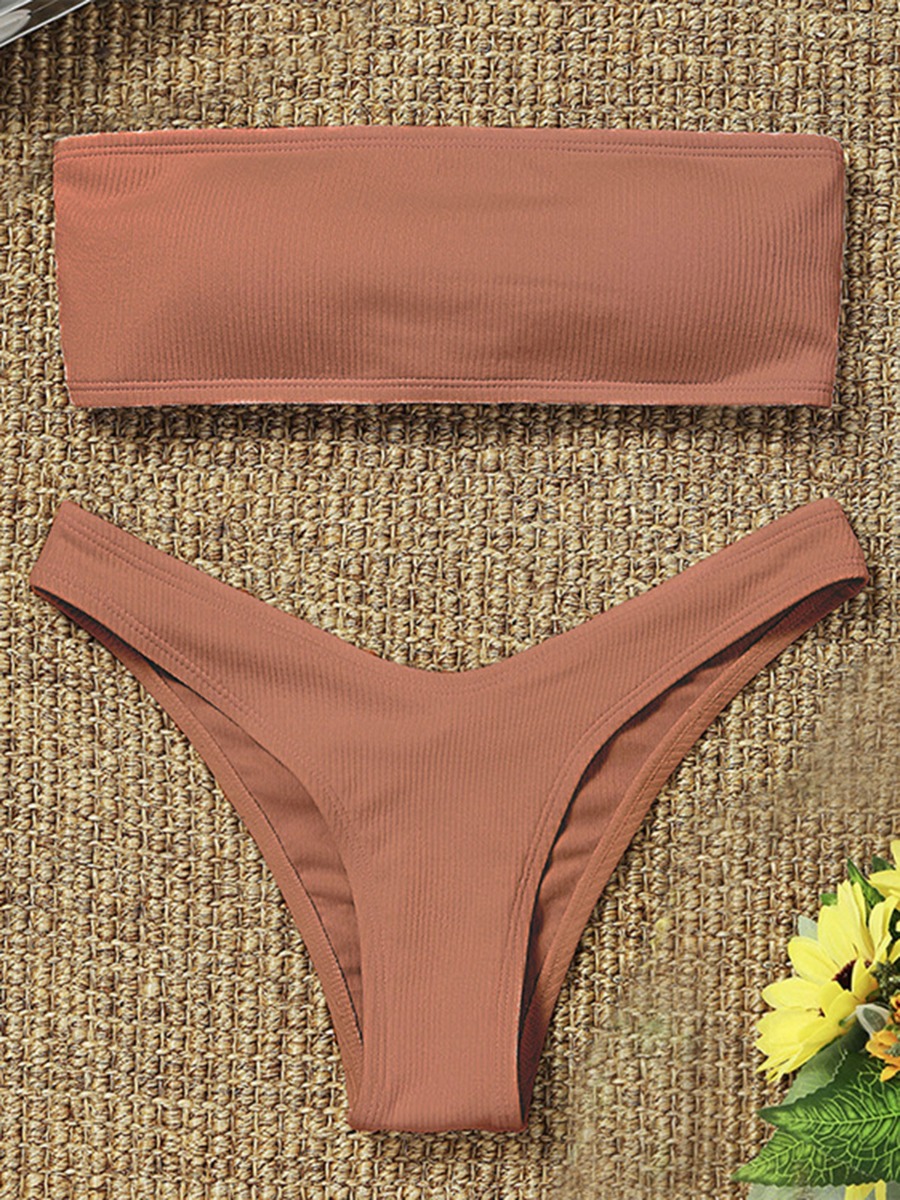 2 Pieces Solid Color Ribbed Tube Top And Panties Swimwear Set