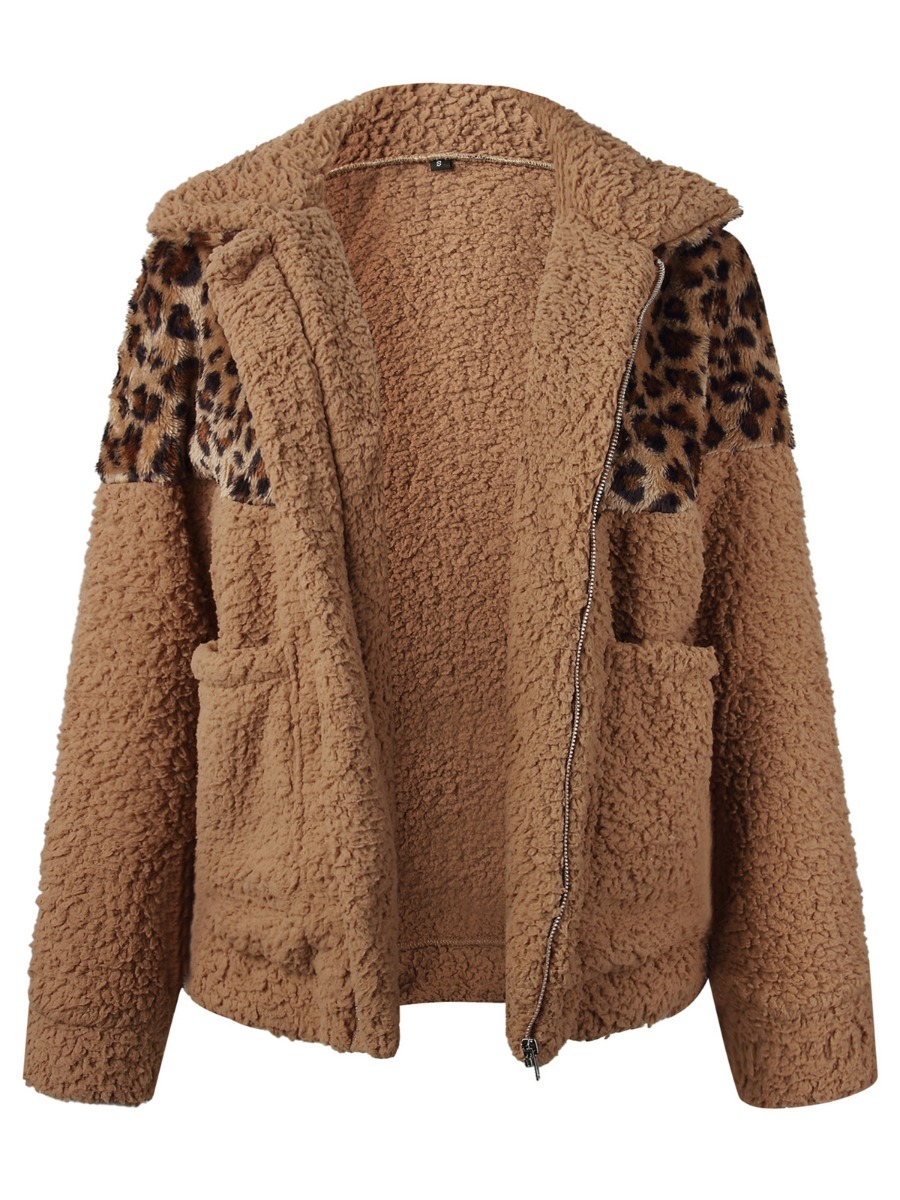 Leopard Camo Detail Zip Up Teddy Coat
