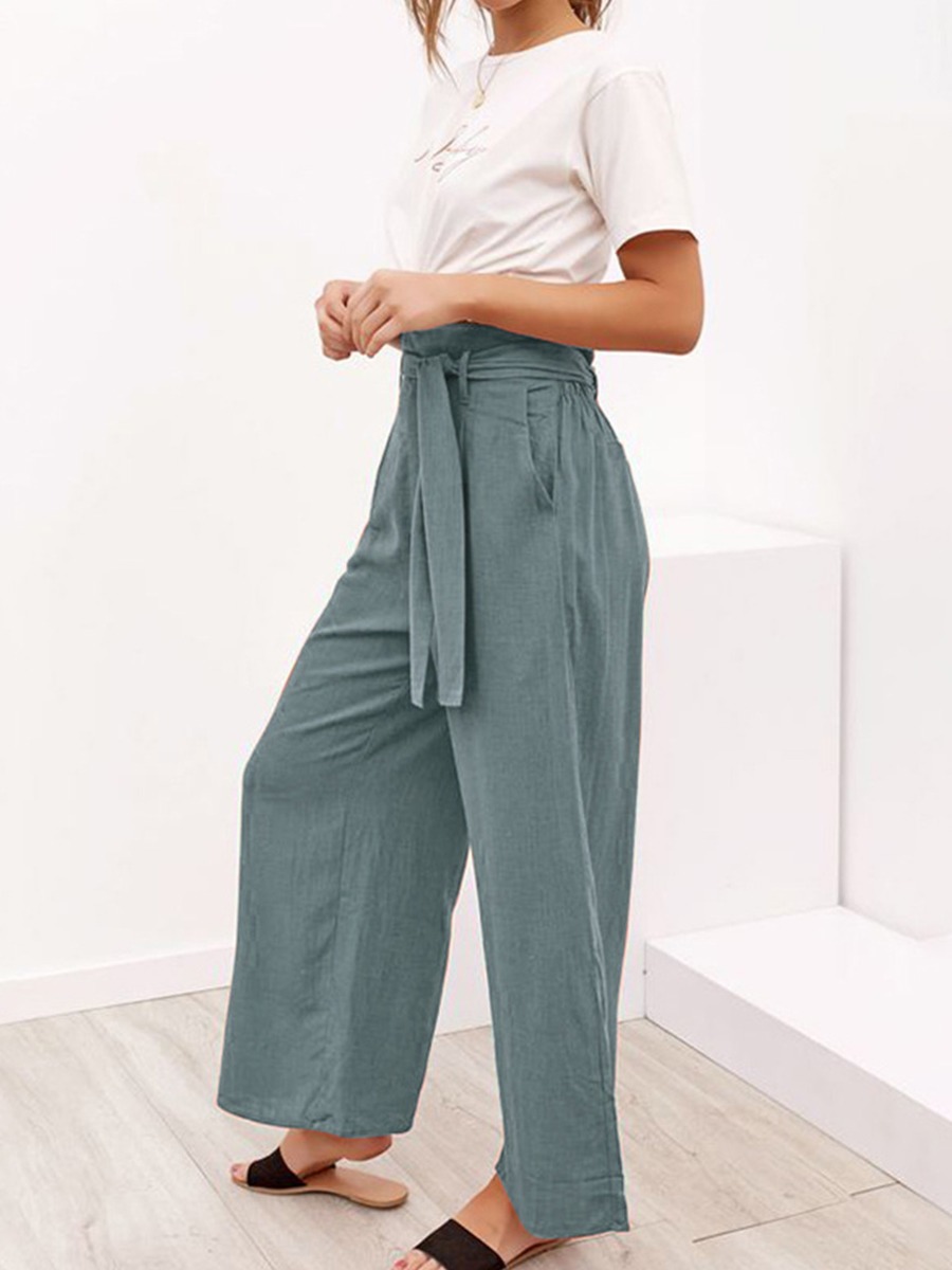 Solid Color Tie-up Wide Leg Trousers