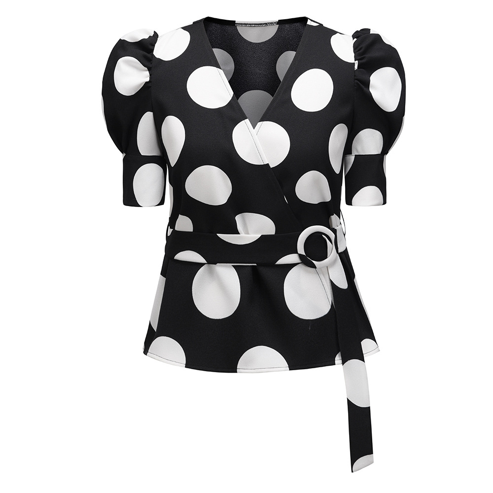 Puff Sleeve Belted Polka Dots Blouse