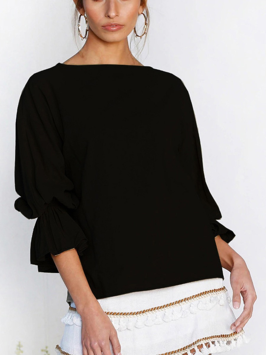 Flounce Sleeve Round Collar Solid Color Blouse