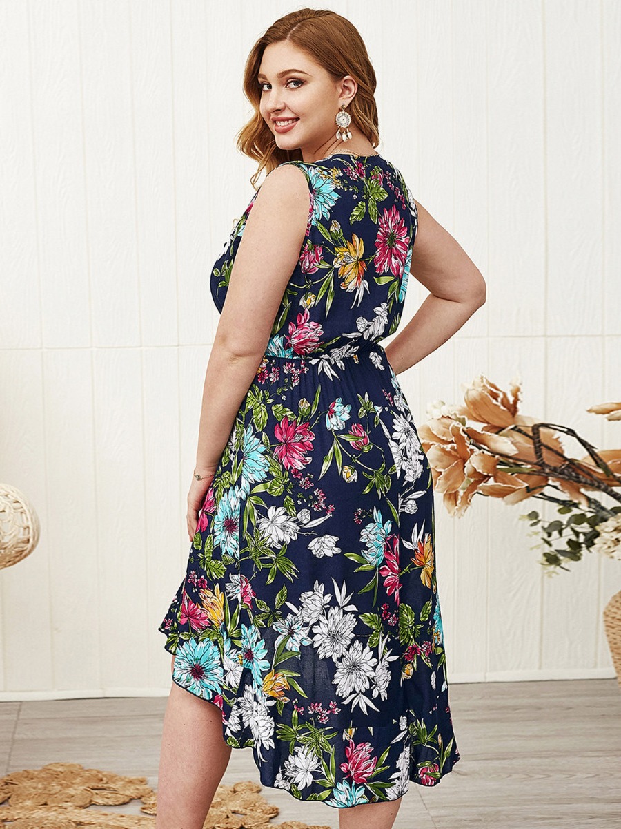 Plus Size Floral Print Ruffle Trim Tank Dress