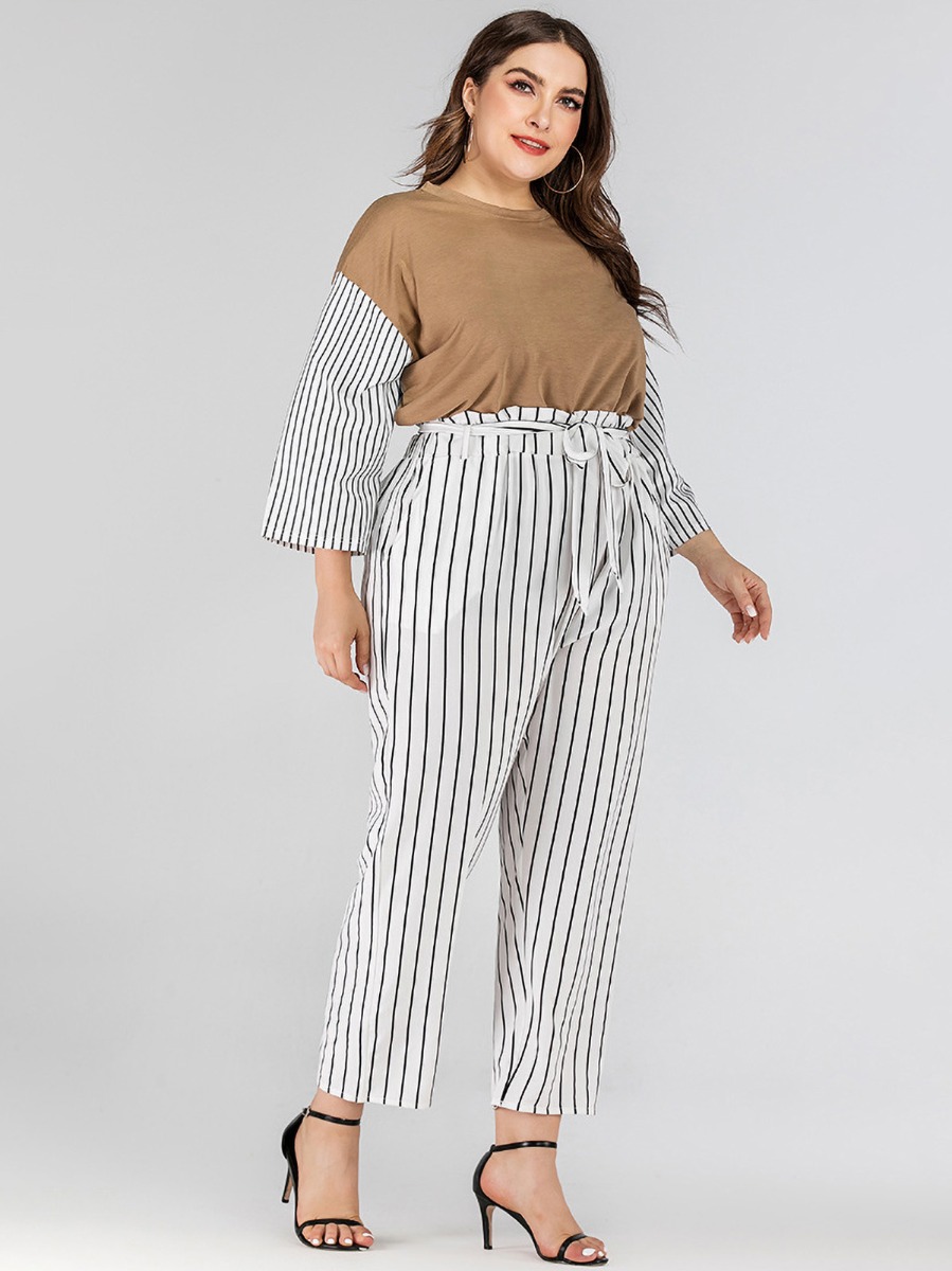 Plus Size Striped Casual Pants With Belt