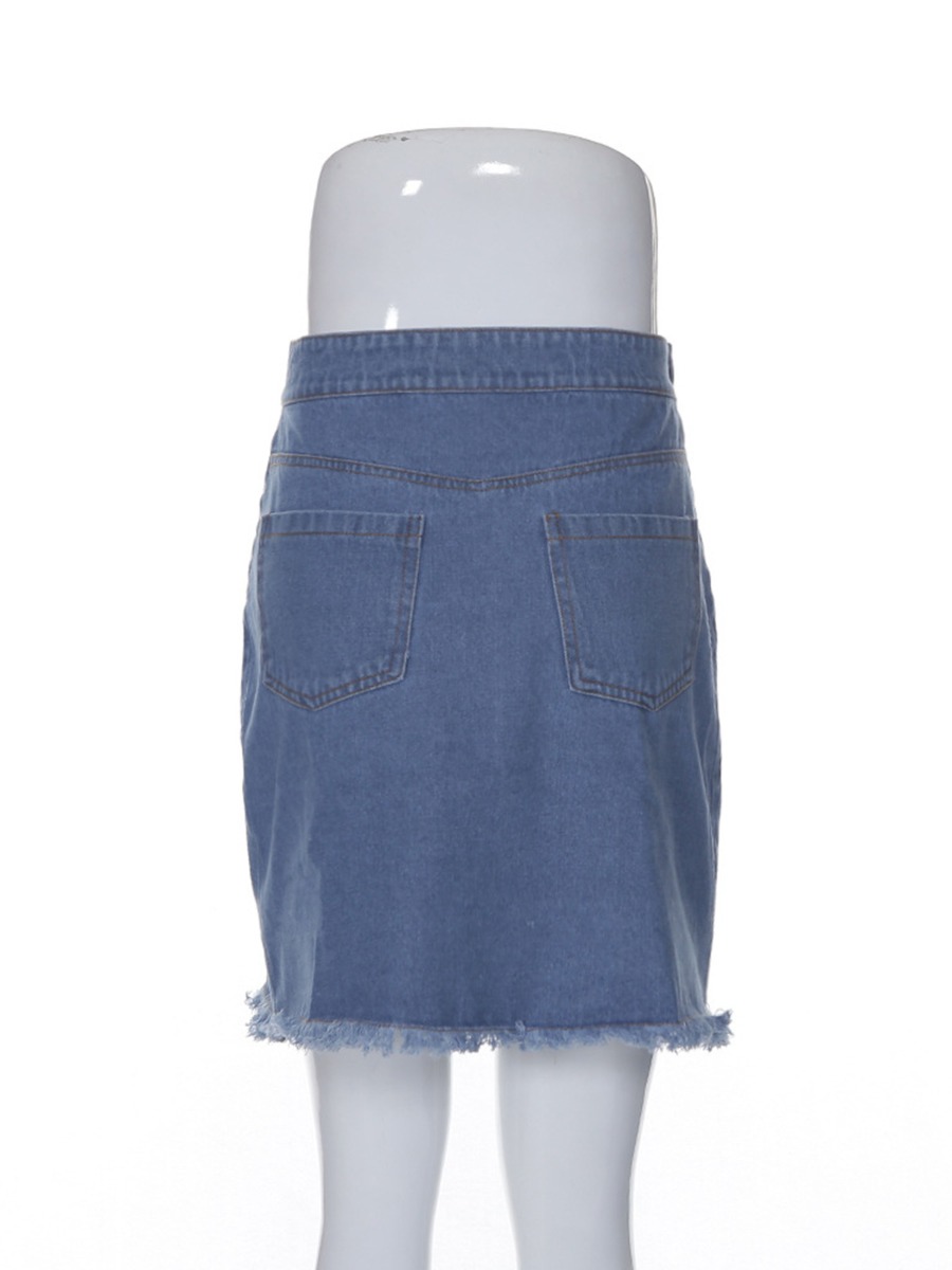 Stylish Zipper Decor Ripped Denim Skirt