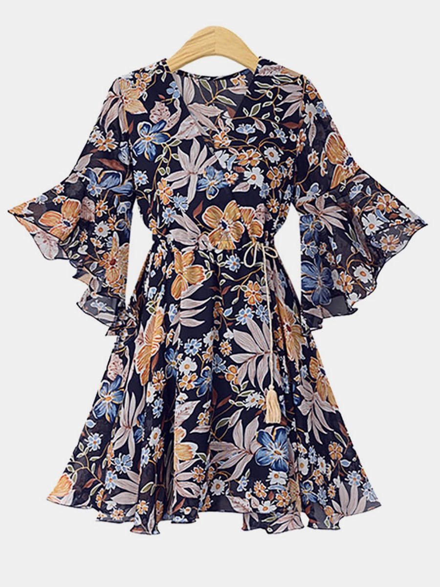 Floral Print Ruffle Sleeve Chiffon Dress