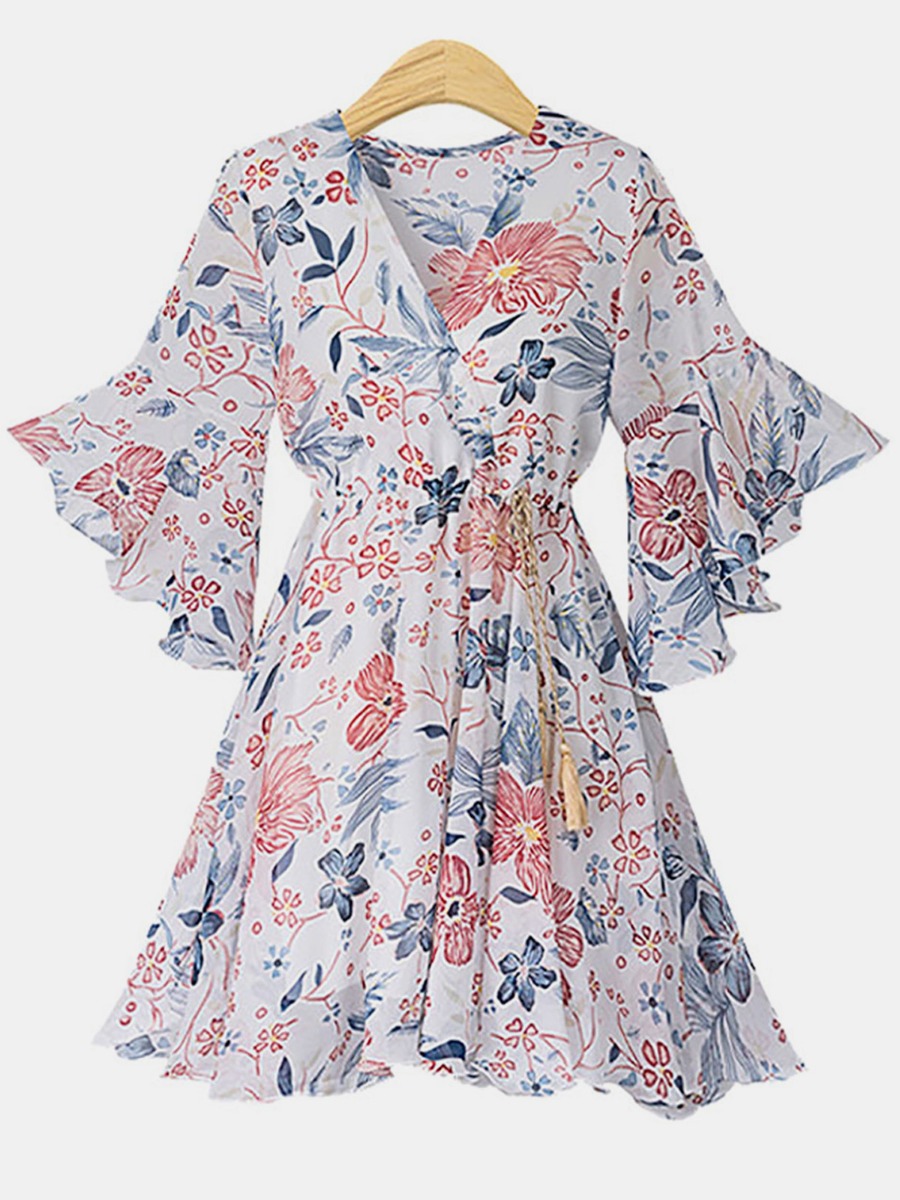 Floral Print Ruffle Sleeve Chiffon Dress