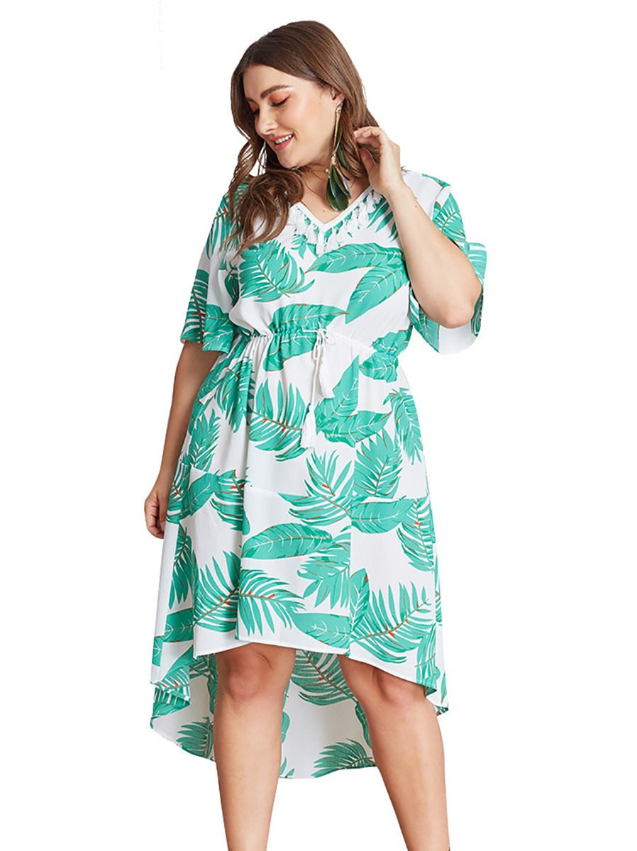 Plus Size Tassel Trim Collar Leaf Print Dress