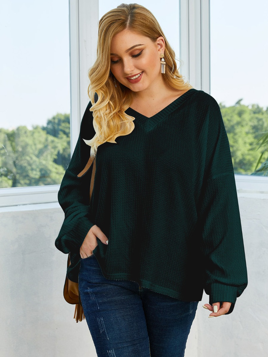 Plus Size Solid Color V Collar Blouse