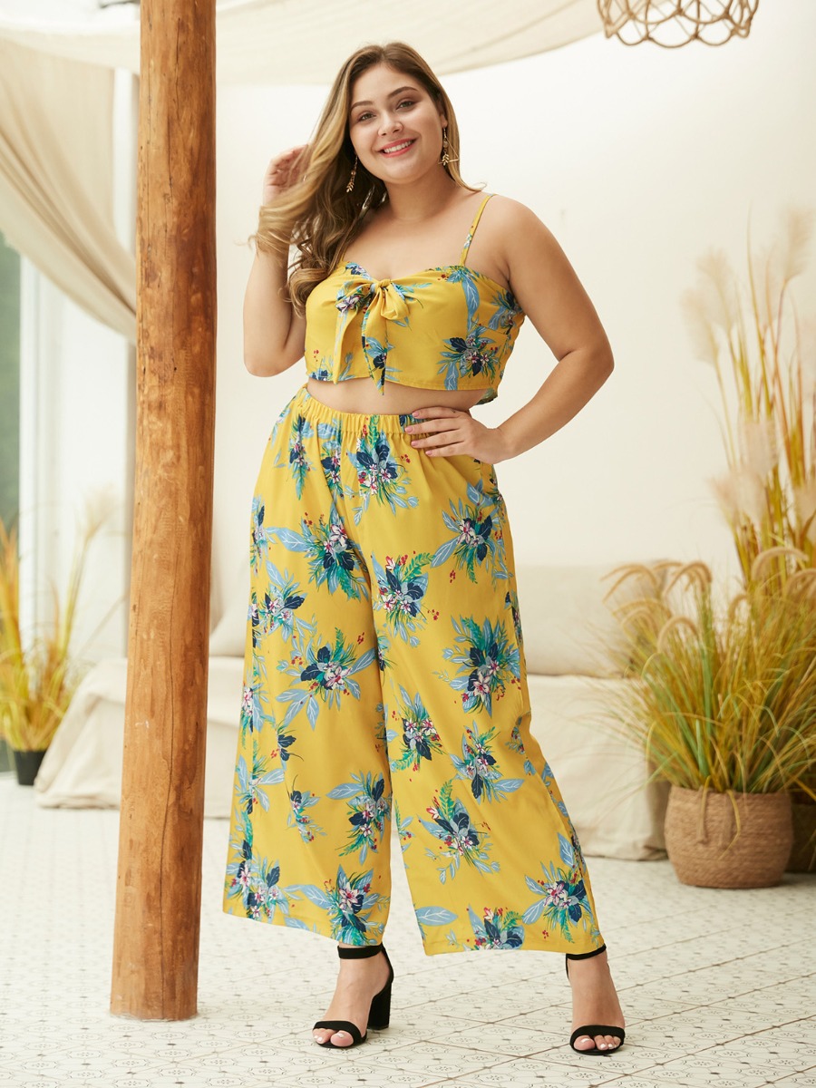 Plus Size Floral Print Cami Crop Top & Pants Set