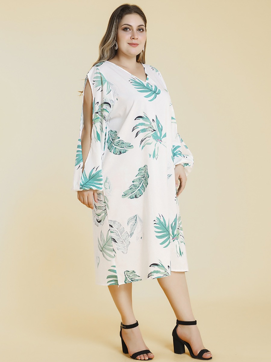 Plus Size Leaf Print Split Sleeve Dress