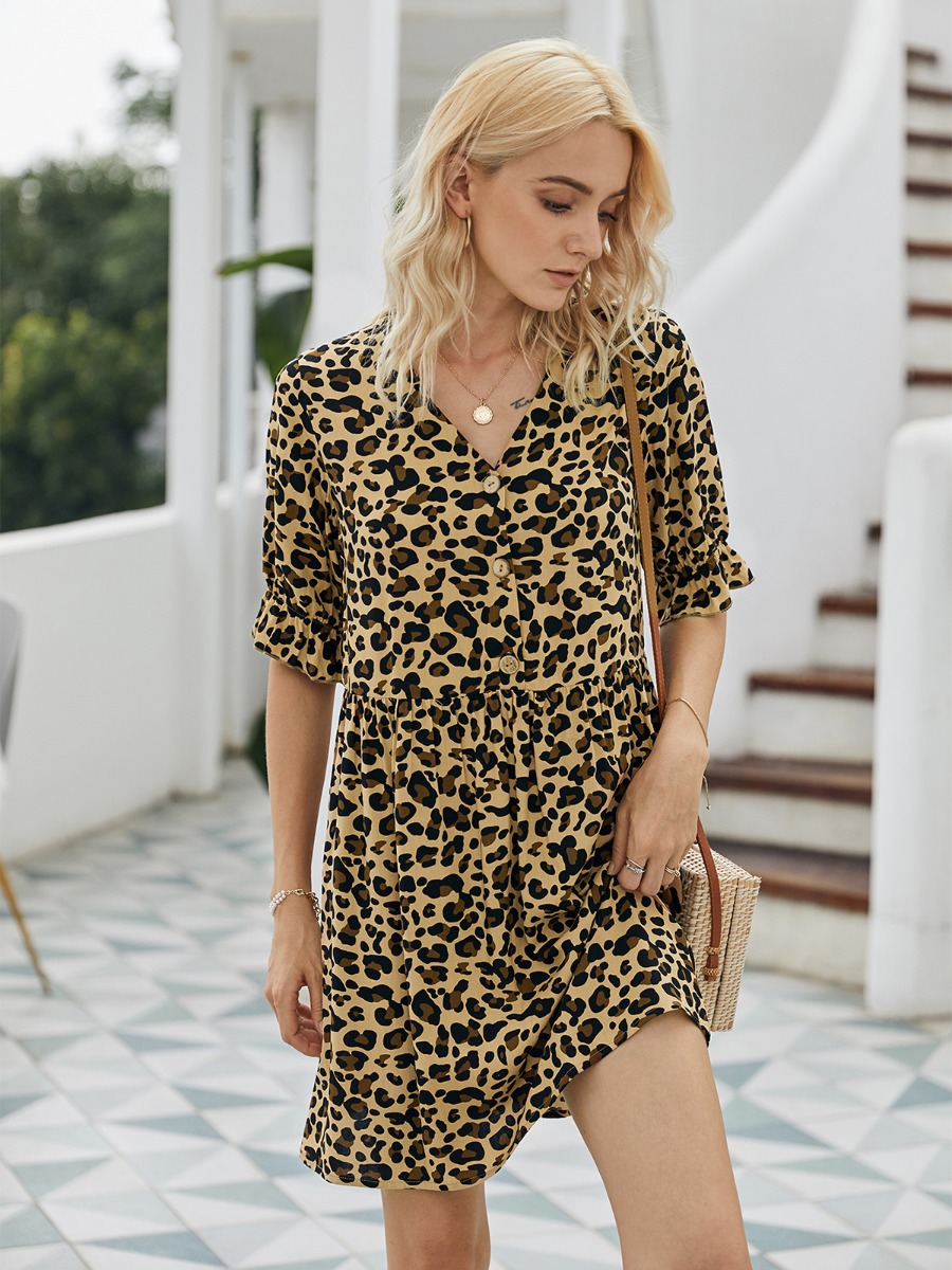 Leopard Print Button Decor Dresses