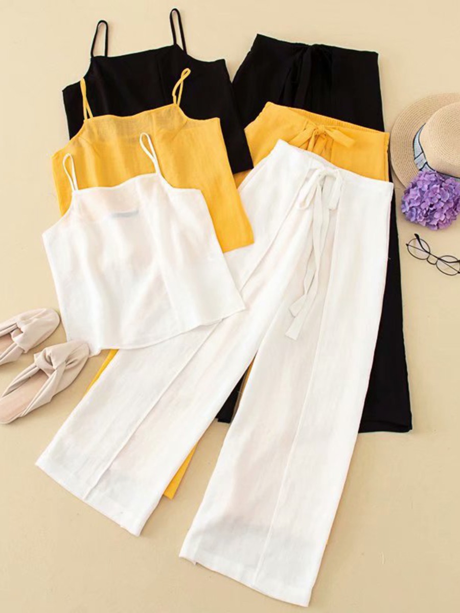 Solid Color Camisole Match Wide-leg Pants Set