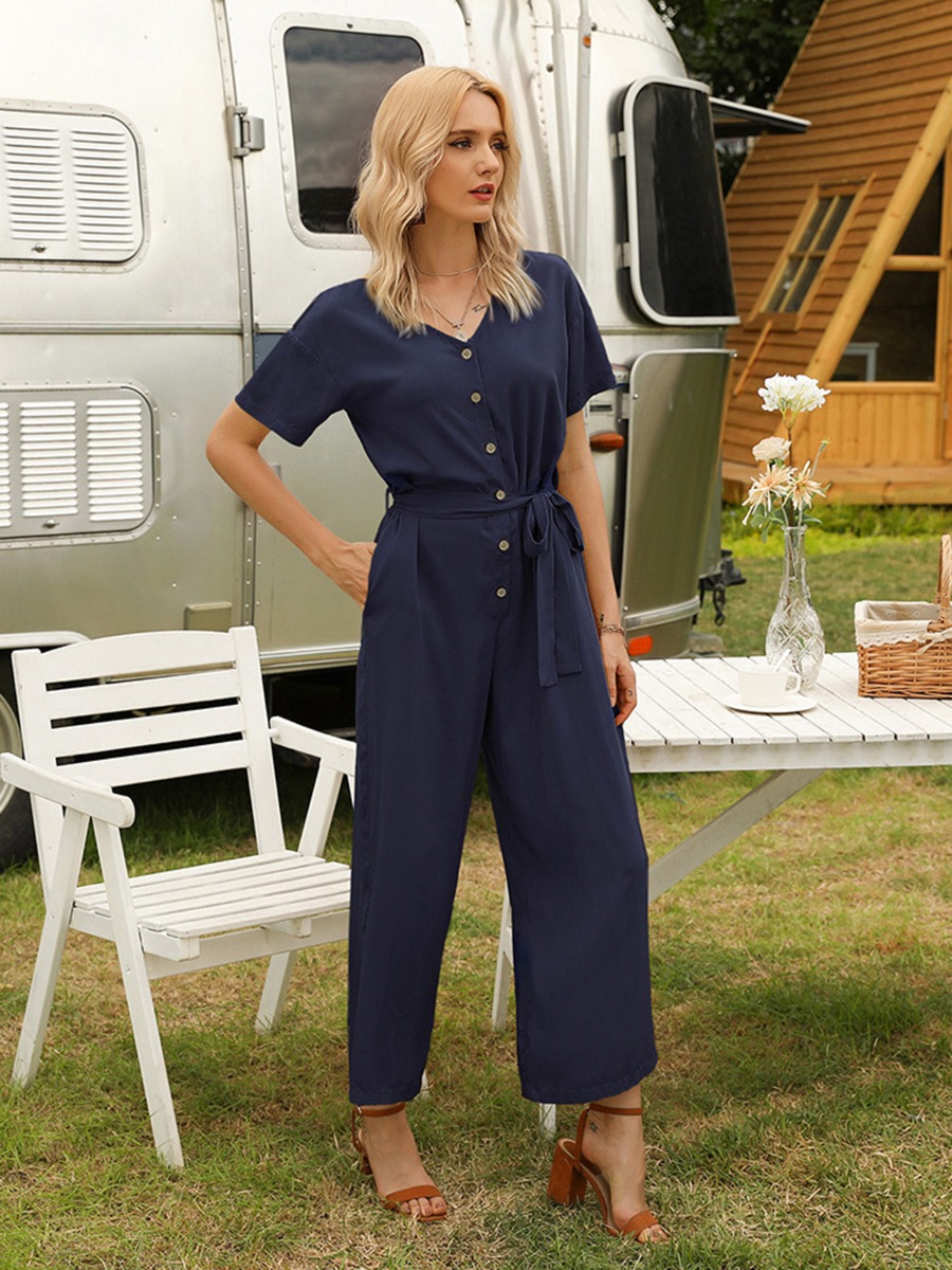 Single Breasted Solid Color Belted Jumpsuit
