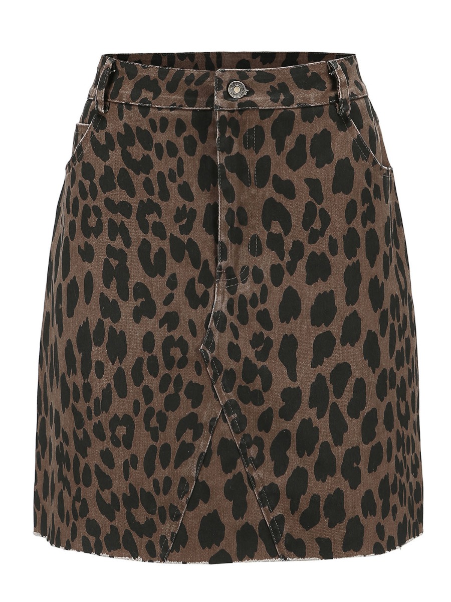 A-line Slim Fit Leopard Print Denim Skirt