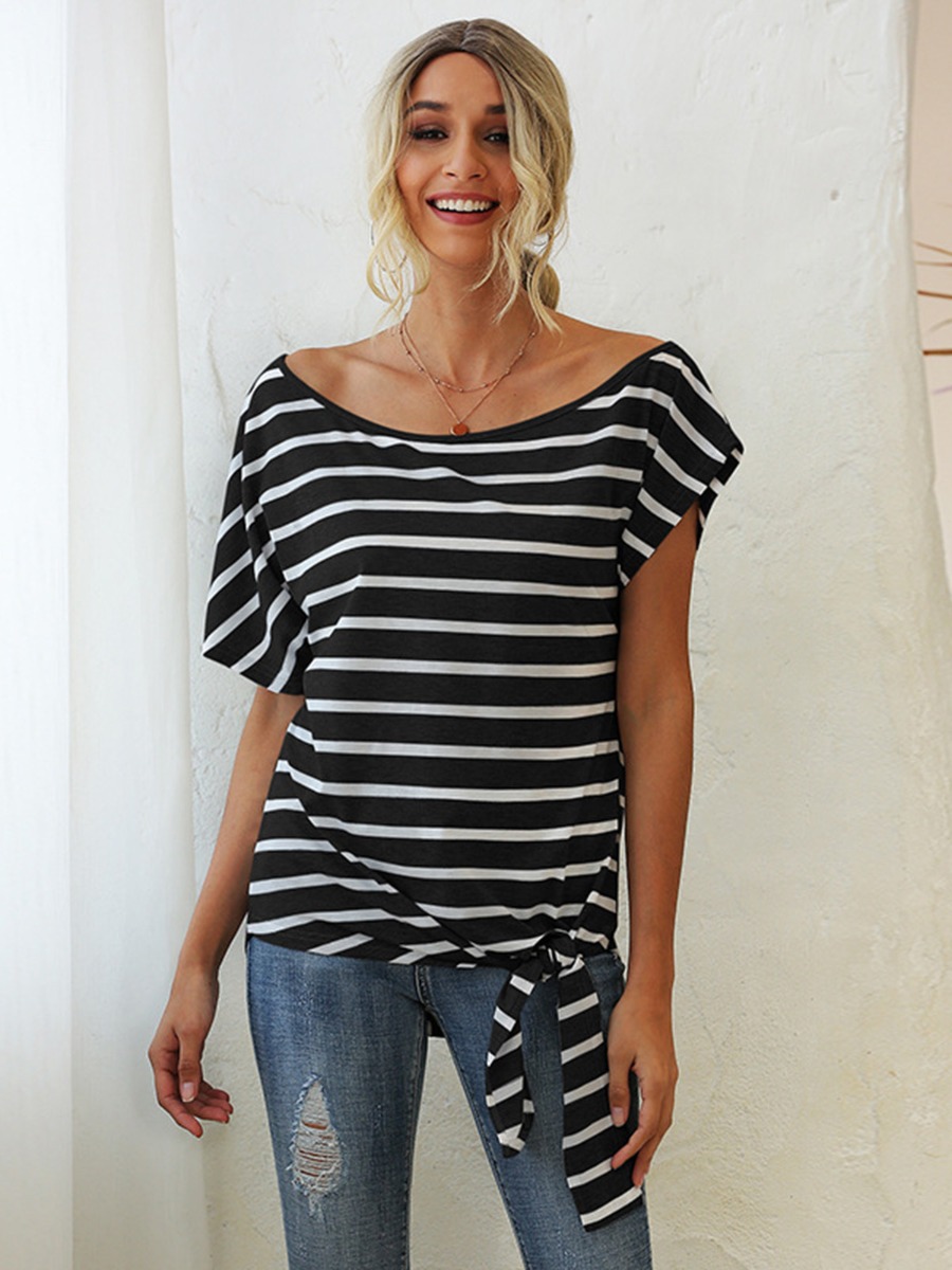Casual Tie Side Striped T-shirt