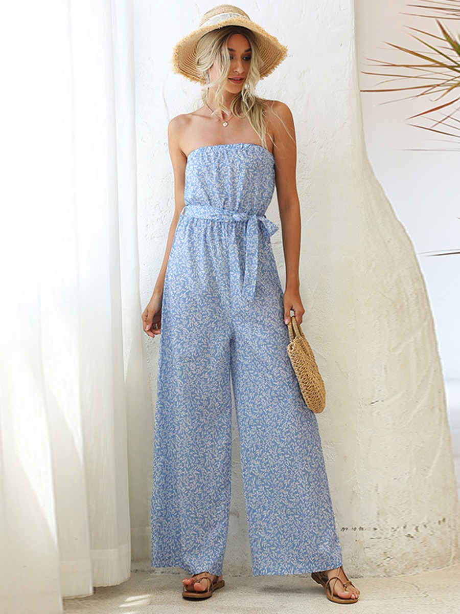 Wide-leg Graphic Print Belted Tube Jumpsuit
