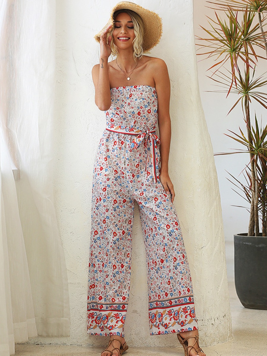 Wide-leg Graphic Print Belted Tube Jumpsuit