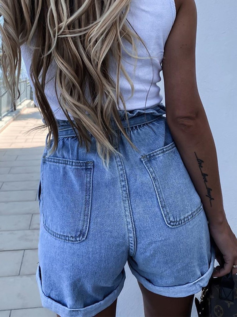 Belted Curled Button Ripped Jean Denim Shorts