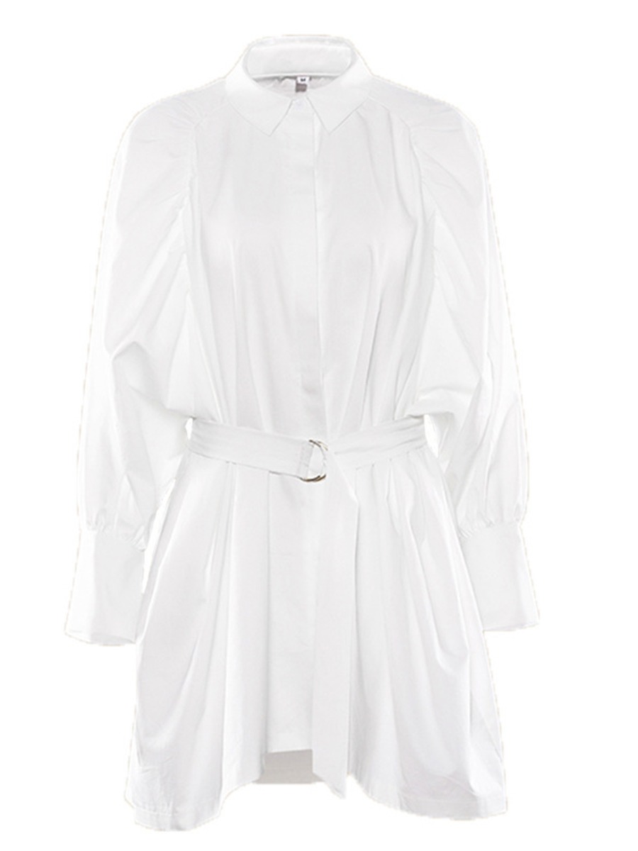 Puff Sleeve Polo Collar White Shirt Dress Windbreaker With Belt