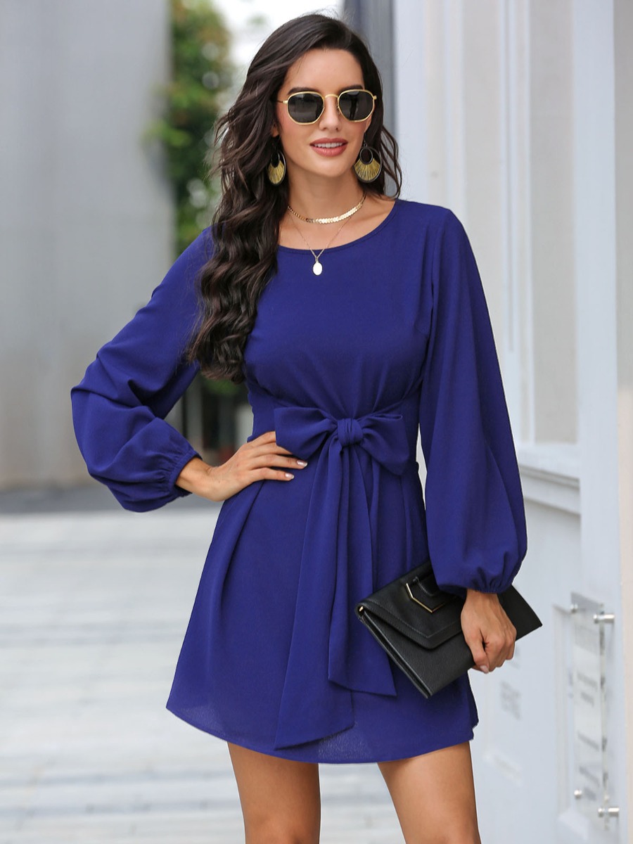 Solid Color Long Sleeve Tie Waist Dress