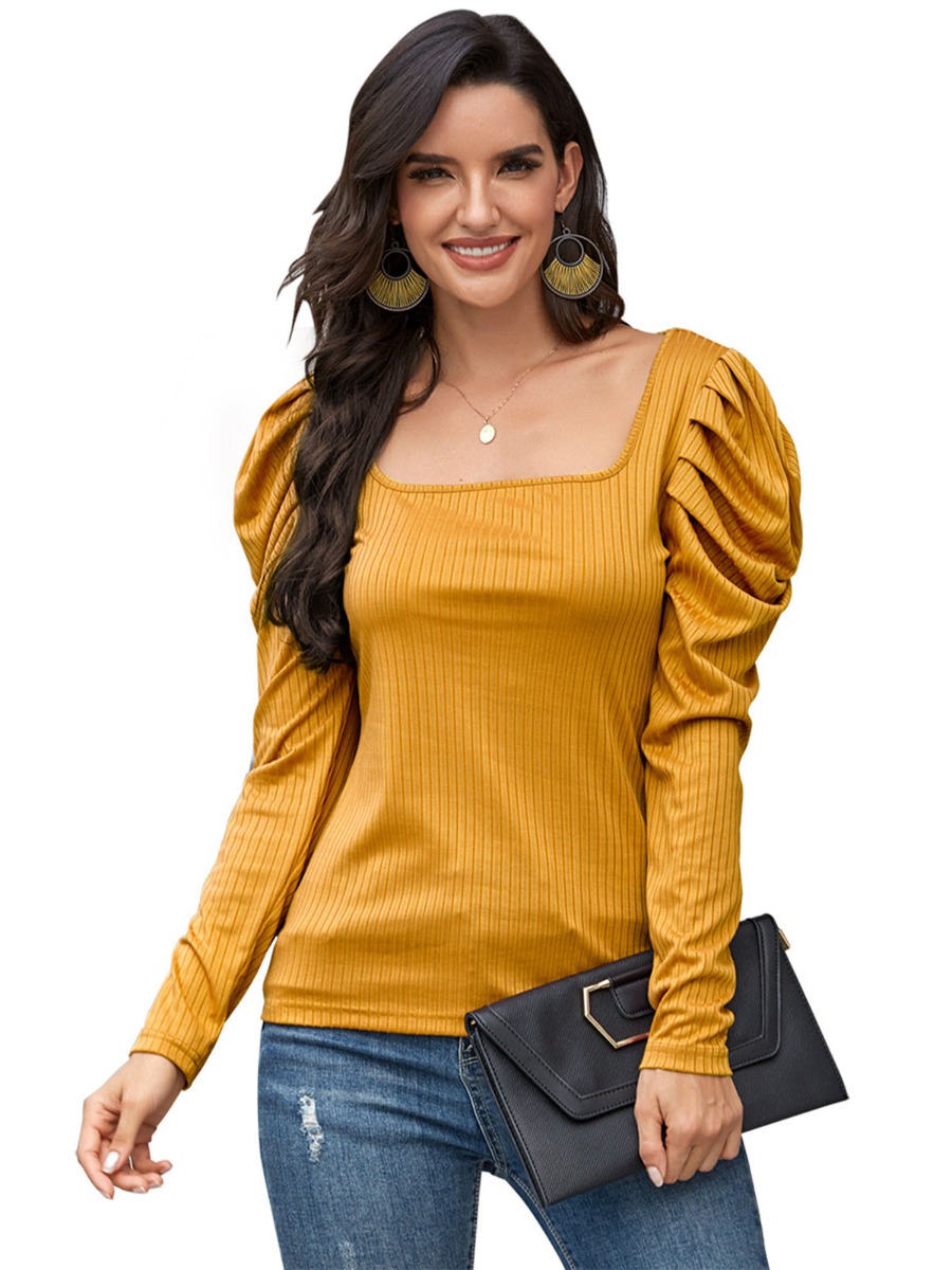 Solid Color Puff Sleeve U-collar Spring Top