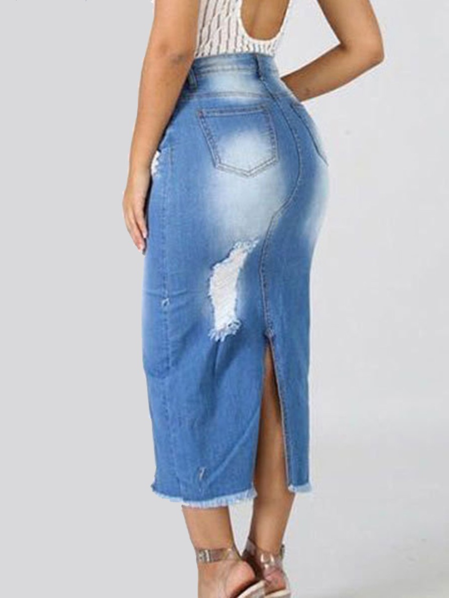 Plus Size Split Thigh Ripped Back Bodycon Denim Skirt