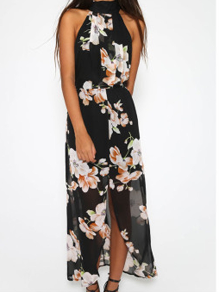 Halter Shoulder Floral Print Asymmetrical Maxi Dress