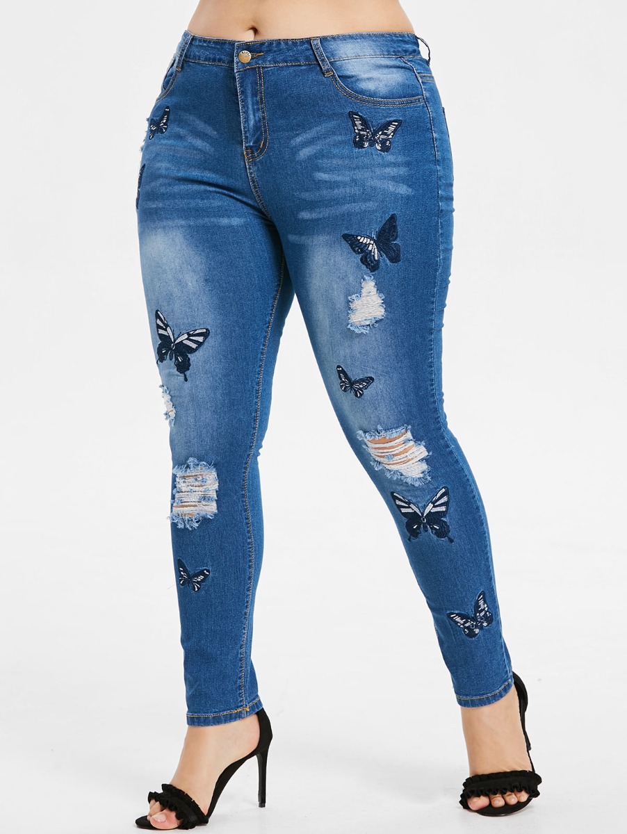 Plus Size Butterfly Print Ripped Skinny Jeans