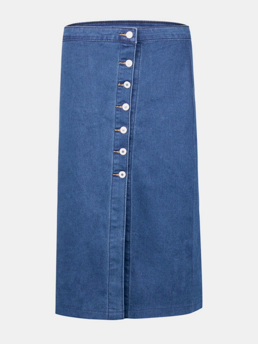 Plus Size Bodycon Button Front Split Denim Skirt