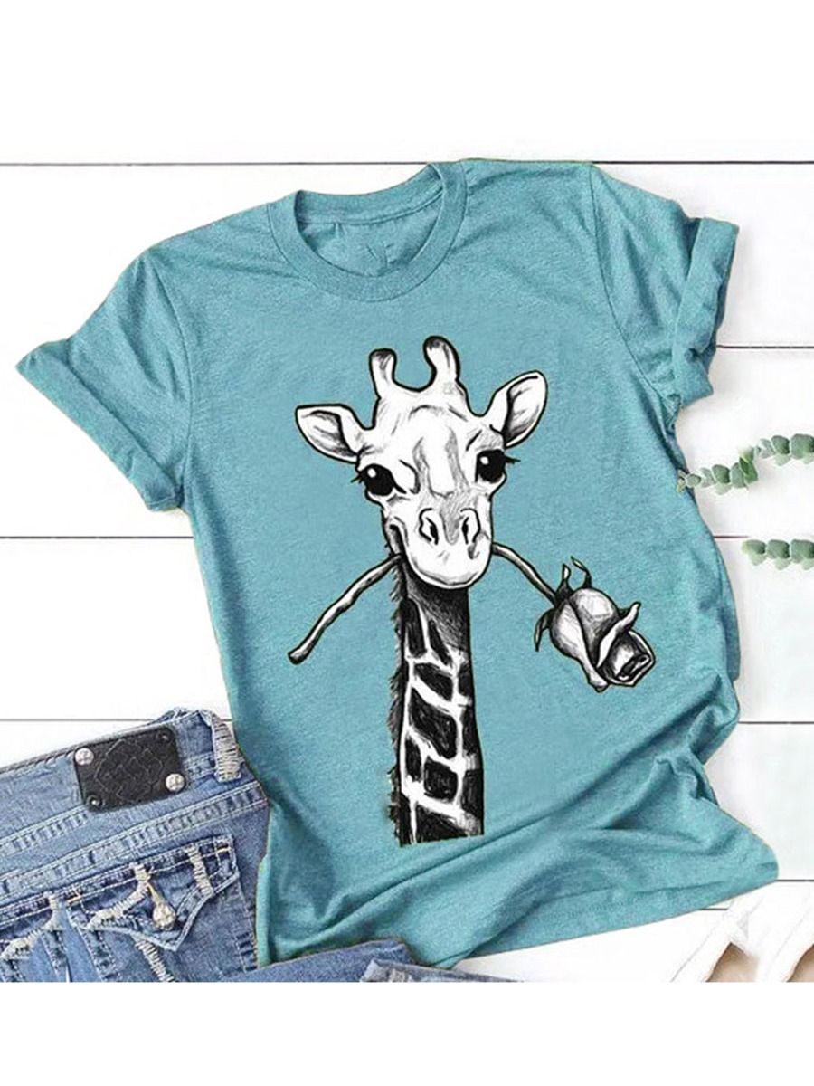 Giraffe Print Round Collar T-shirt