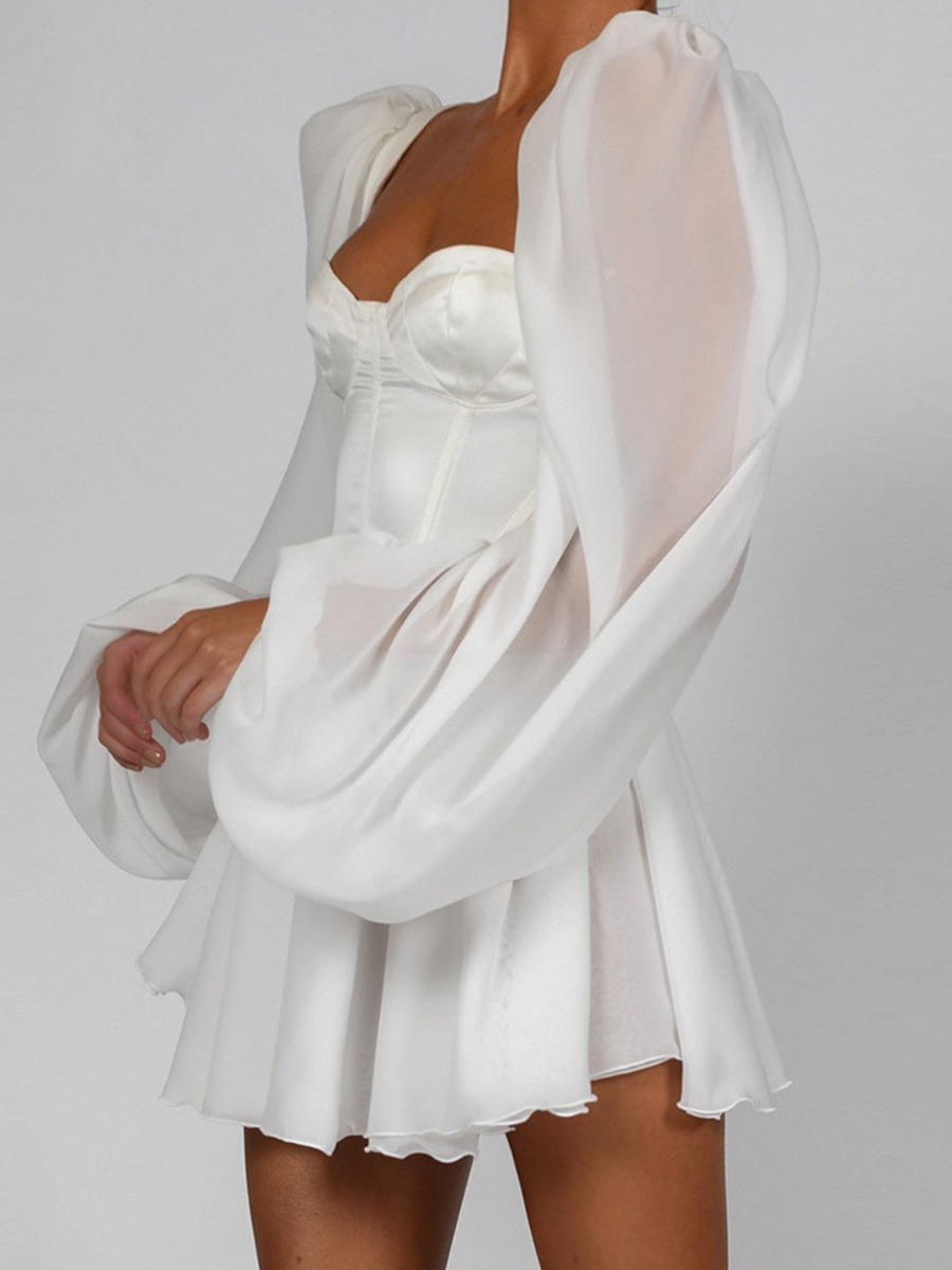 Sheer Lantern Sleeve Sexy White Dress