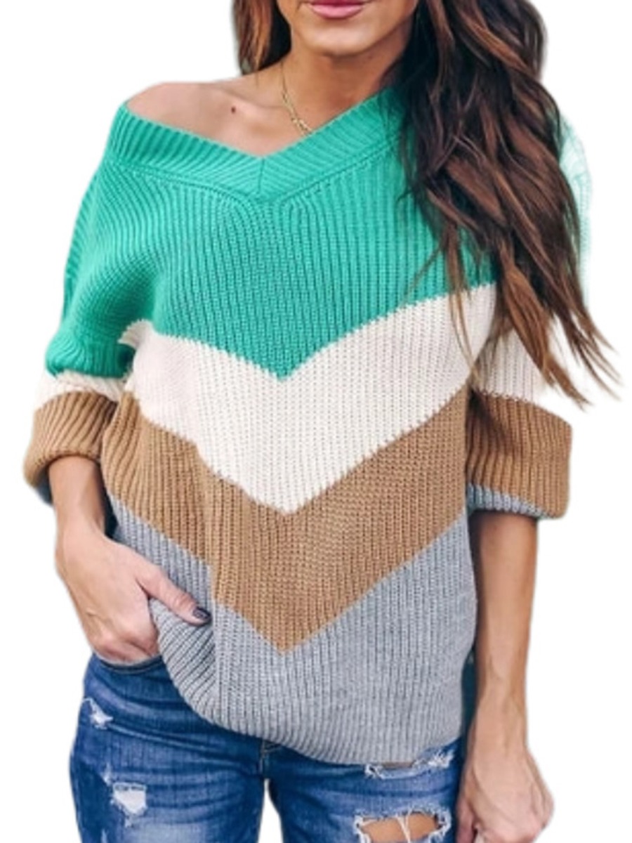 V-collar Colorblock Knit Casual Sweater