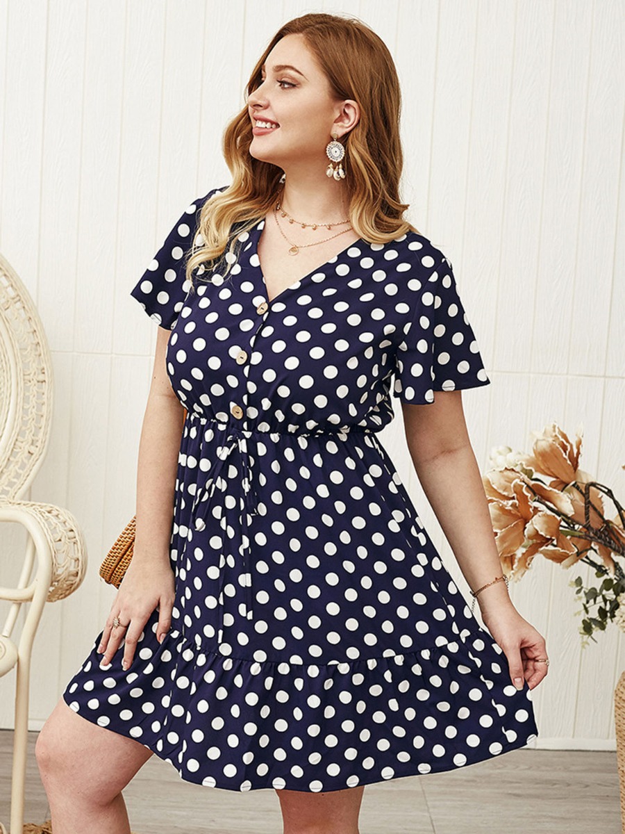 Plus Size Polka Dot Ruffle Sleeve Dress