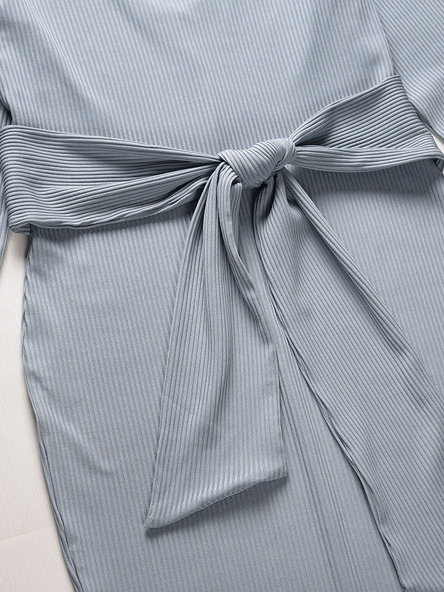 Solid Color Tie Waist Slim Fit Long Sleeve Dress