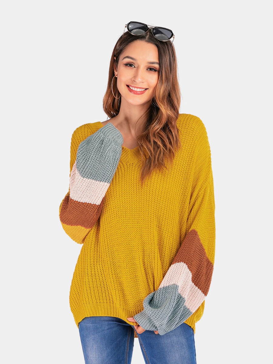 V-neck Colorblock Gathered Sleeve Sweater