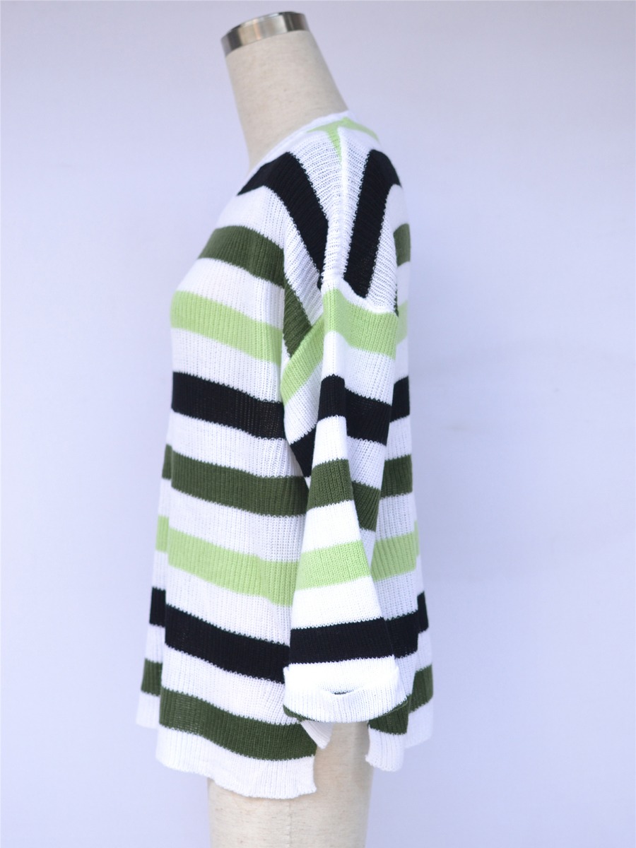 Buy Colorblock Striped Round Collar Knit Sweater - SheStar