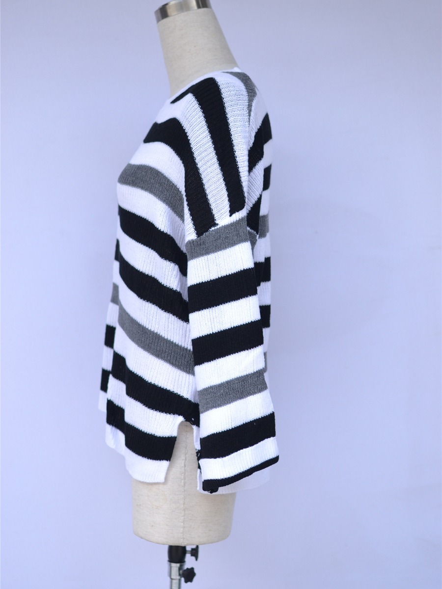Buy Colorblock Striped Round Collar Knit Sweater - SheStar