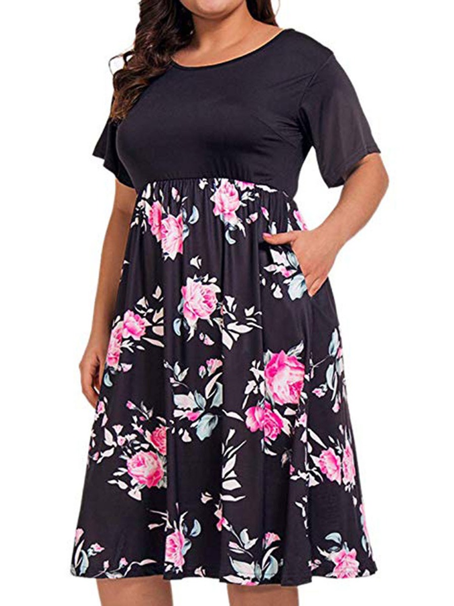 Plus Size Floral Print Pocket Side Tee Dress
