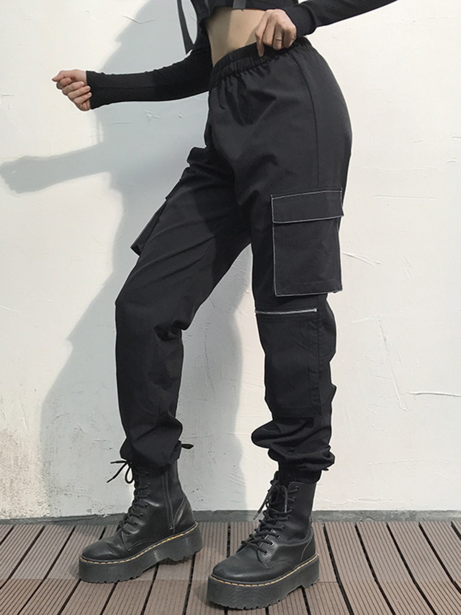 Zip Detail Flap Pocket Side Elastic Waist Black Cargo Pants