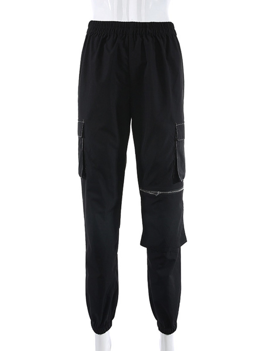 Zip Detail Flap Pocket Side Elastic Waist Black Cargo Pants
