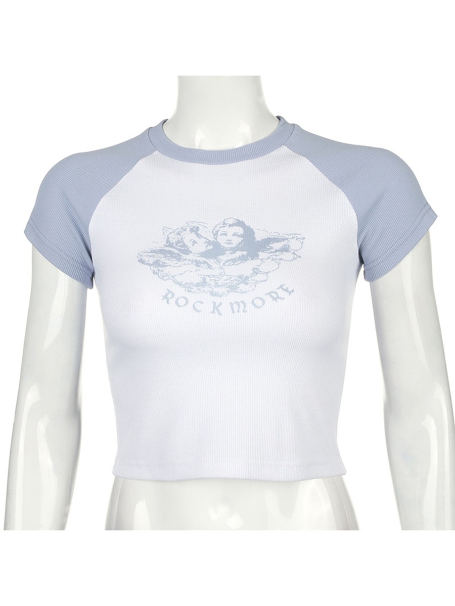 Buy Angel Print Colorblock Short Sleeve Crop T-shirt - SheStar
