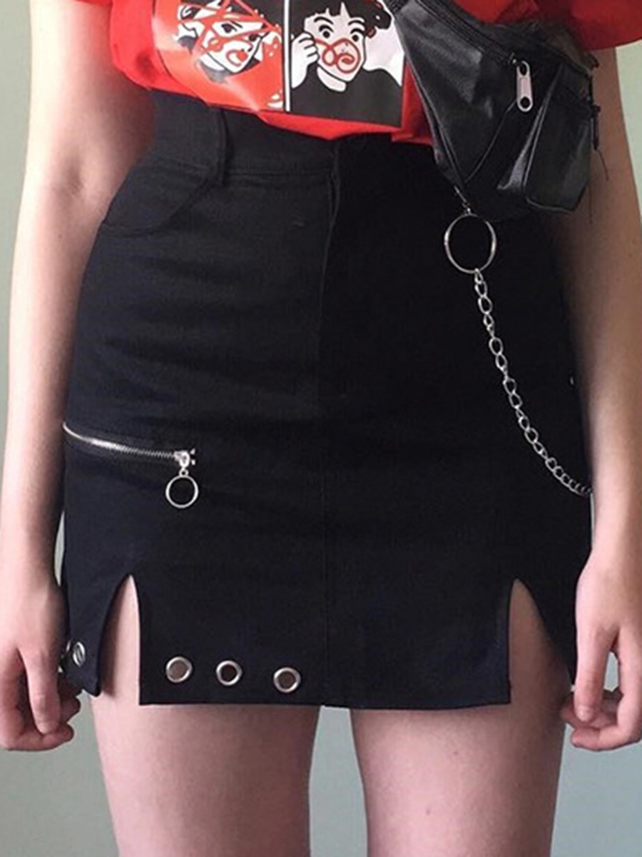 Split Hem Zip Metal Eyelet Decor Chain A-line Skirt