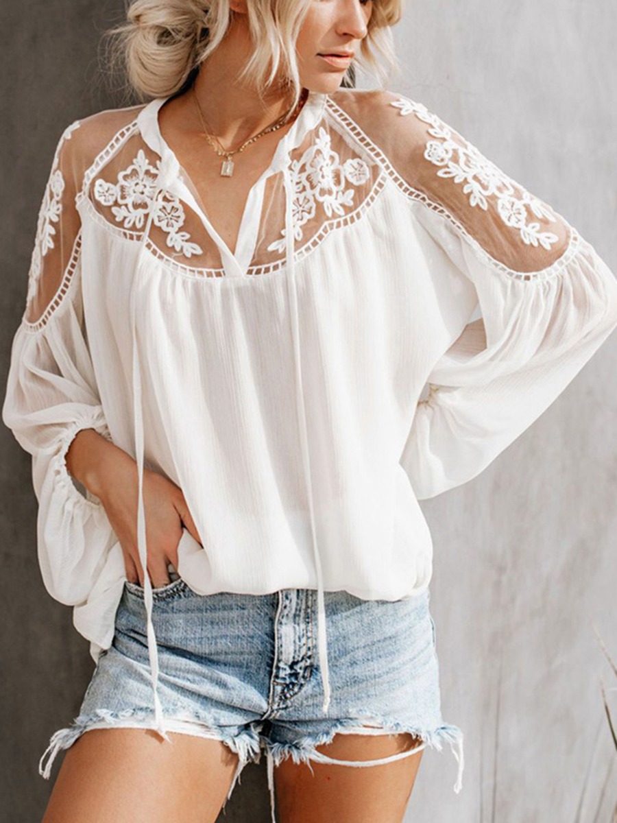 See-through V Collar Lace Flower Embroidery Blouse - SheStar