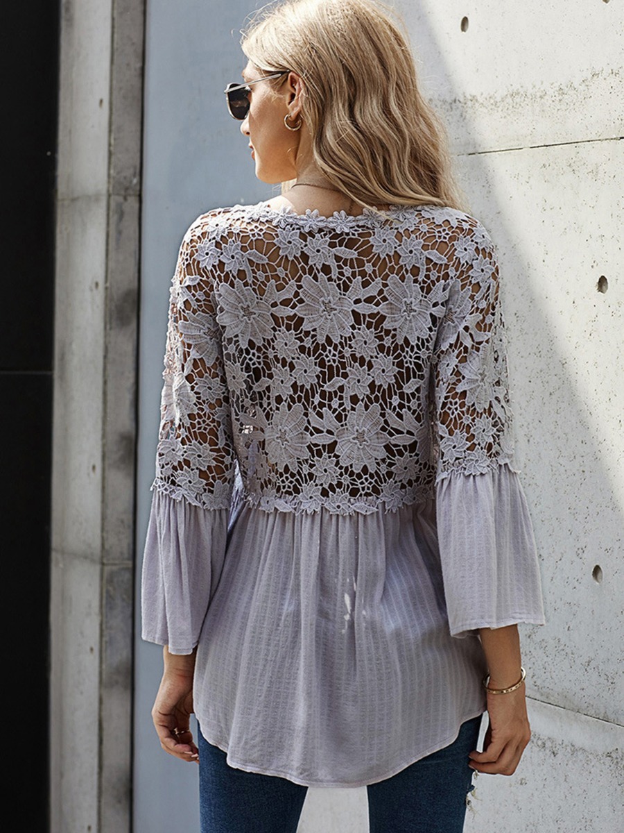 Single Breasted Lace Patchwork Solid Color Blouse Top