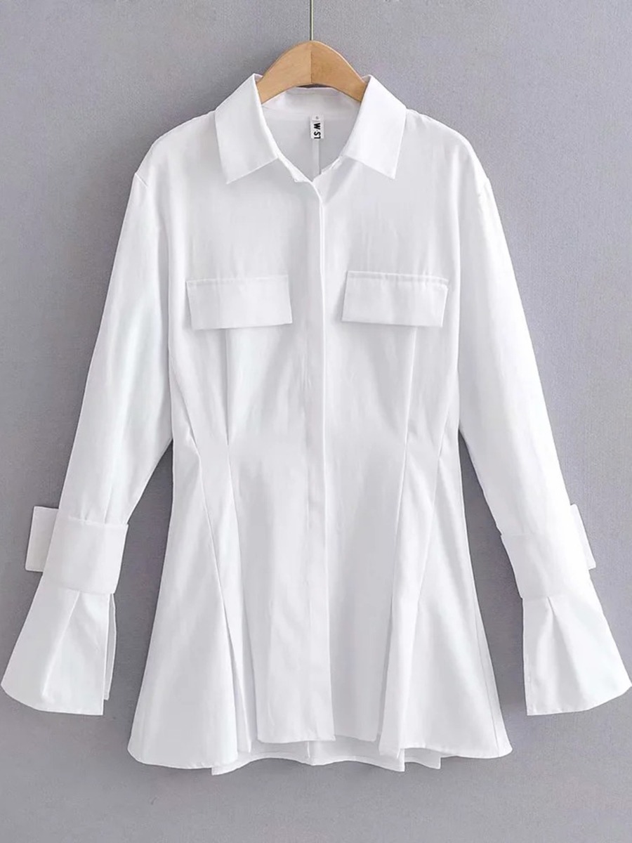 Solid Color Turn Down Collar Cargo Style Shirt Dress