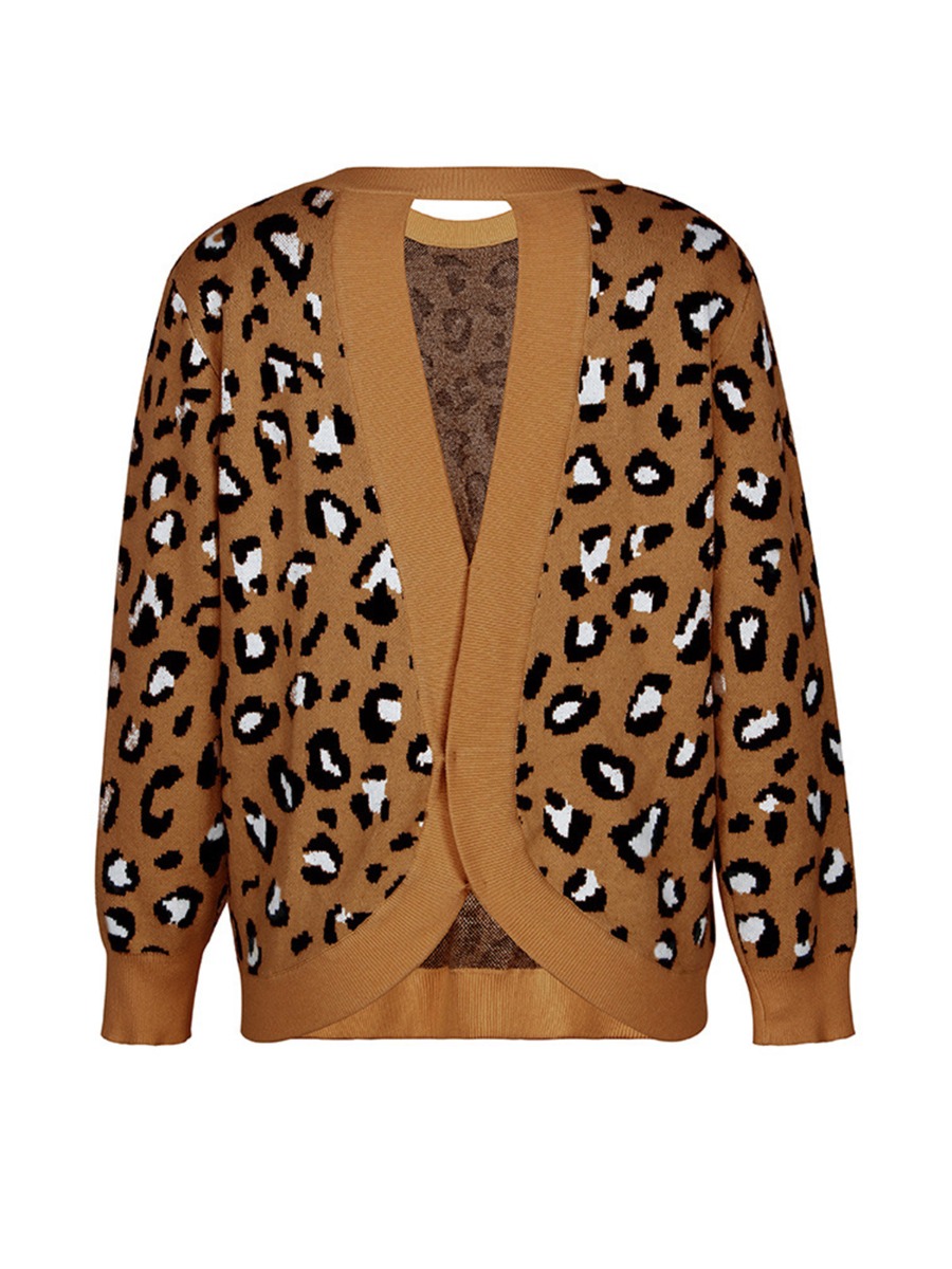 Leopard Round Collar Cutout Back Sweater