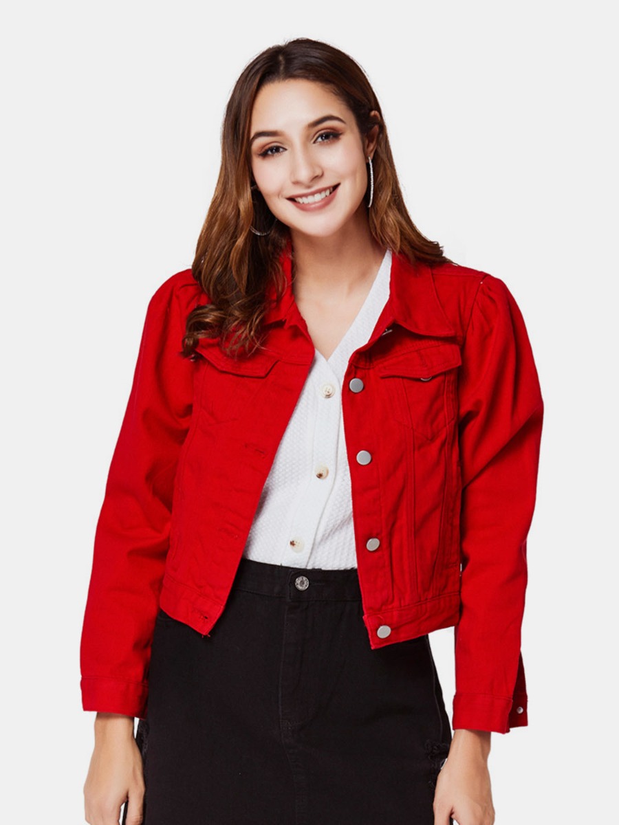 Casual Button Front Red Women Denim Jacket Coat