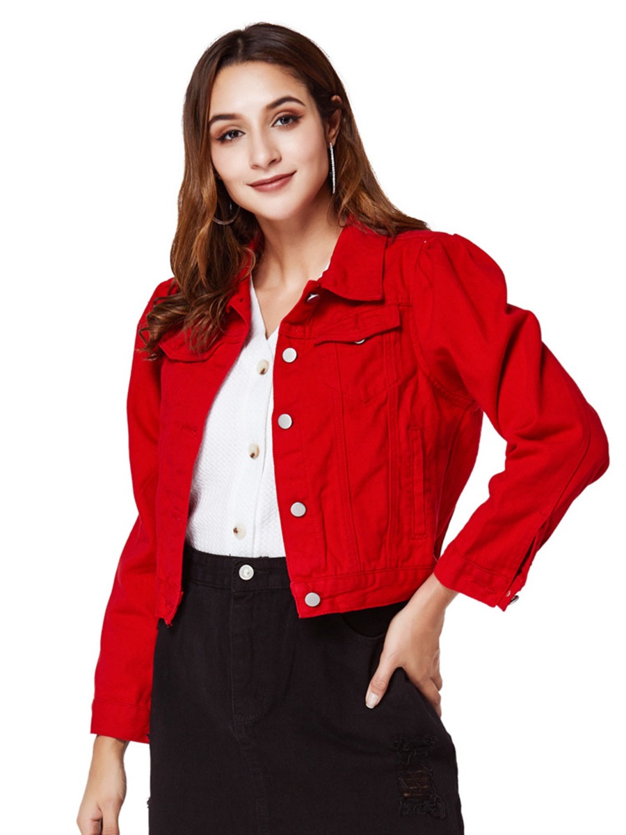 Casual Button Front Red Women Denim Jacket Coat