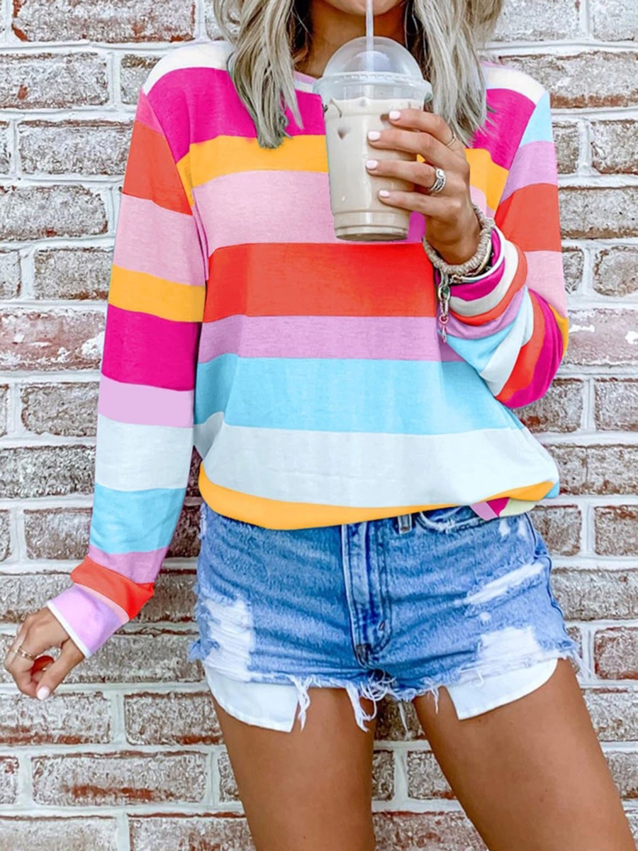 Colorblock Round Collar Long Sleeve Striped Casual Top