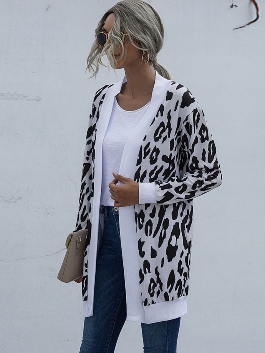 Houndstooth & Leopard Print Casual Women Cardigan
